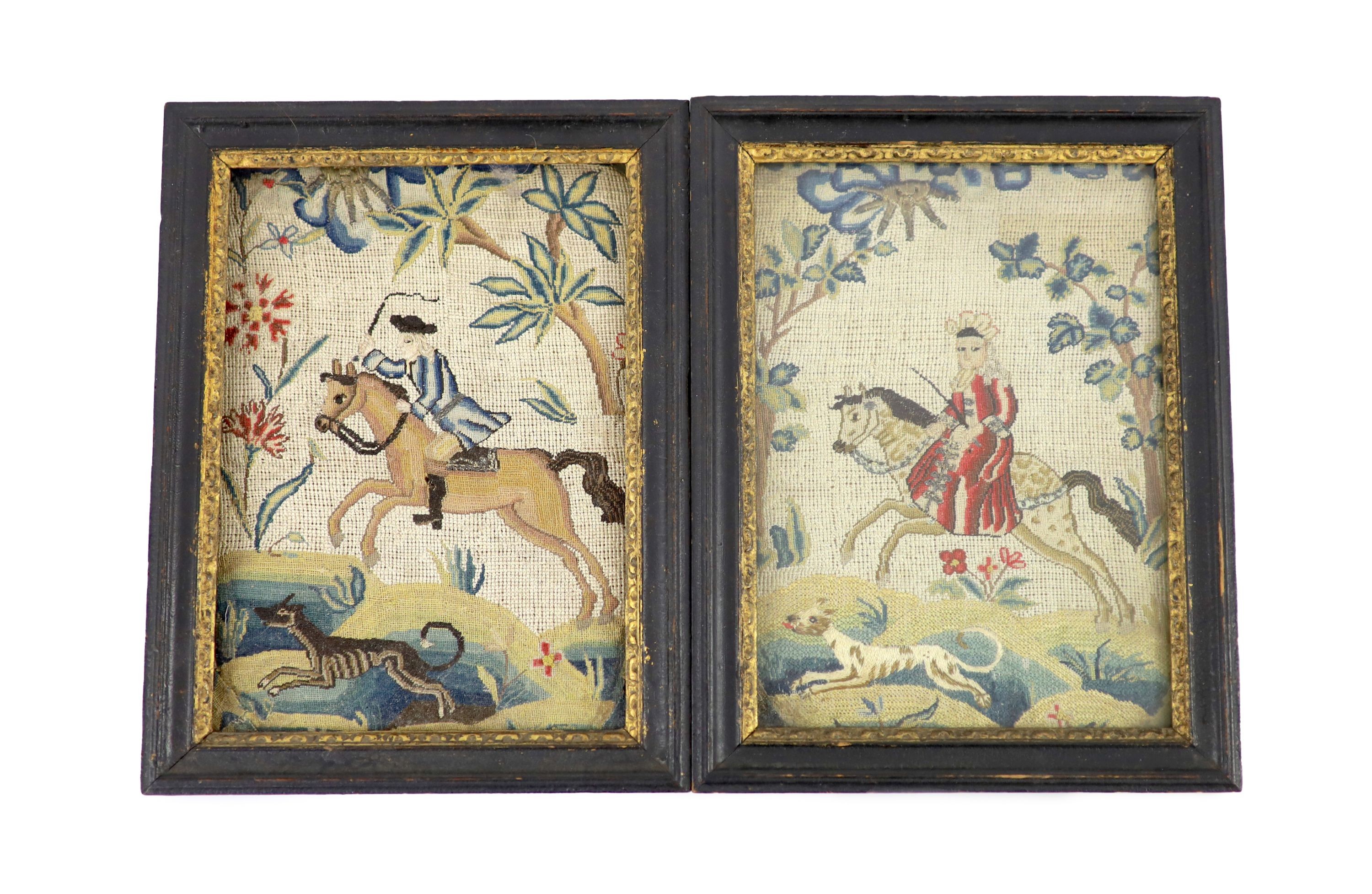 A pair of framed early 18th century needlework panels of a lady and gentleman on horseback with dogs running at their feet 23x16cm excl frame